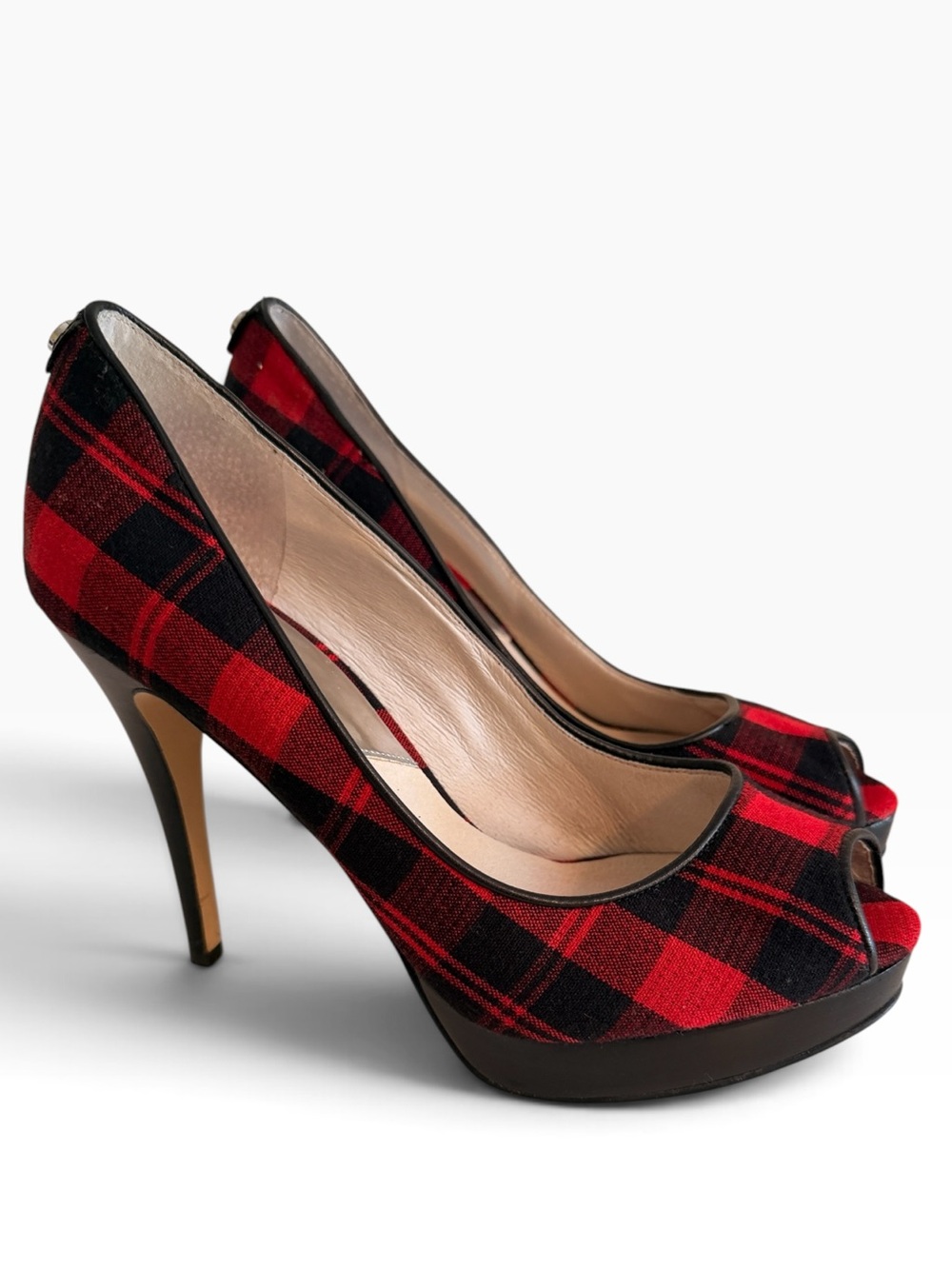 Michael Michael Kors Red/Black Plaid Peep-Toe Platform High Heels 7.5